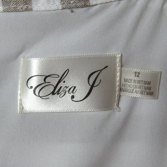Eliza J Linen Cotton Mini Dress Size 12 Beige White Stripe Eyelet Coastal Resort - Picture 10 of 14